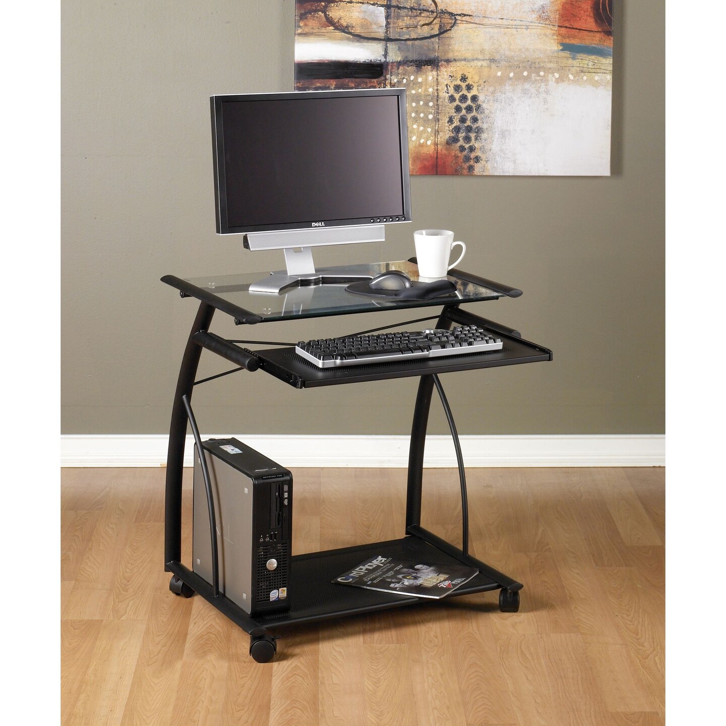 L Cart Compact Computer Cart with Storage and Keyboard Shelf - Black / Clear Glass
