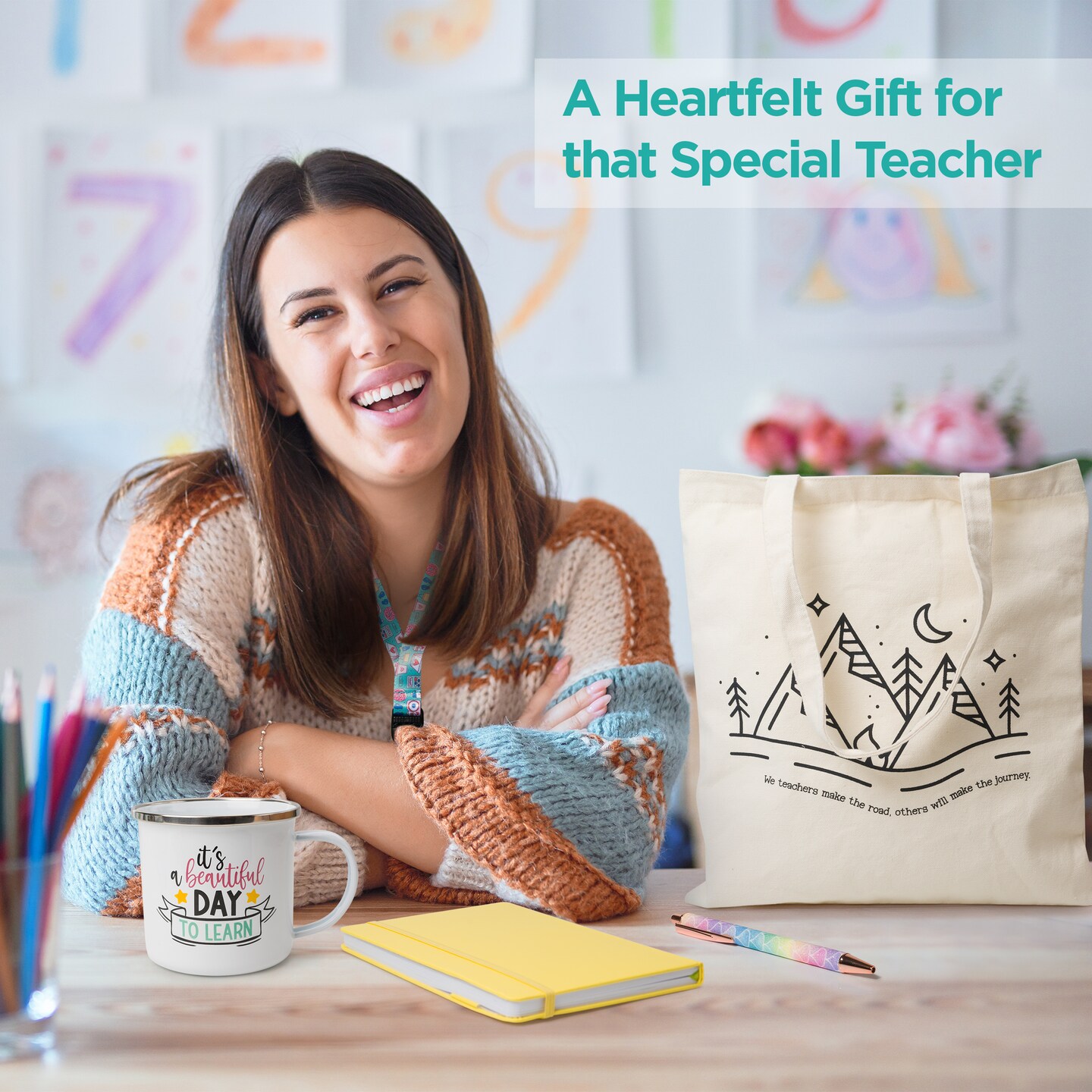 Mabie Swan - Best Teacher Gift Box, Six Elegant Pieces - 12oz Natural Canvas Cotton Tote, 12oz Enamel Mug, PU Leather Notebook, Ballpoint Pen, ID Card Holder, with "Thank You" Card Teacher Gift Set