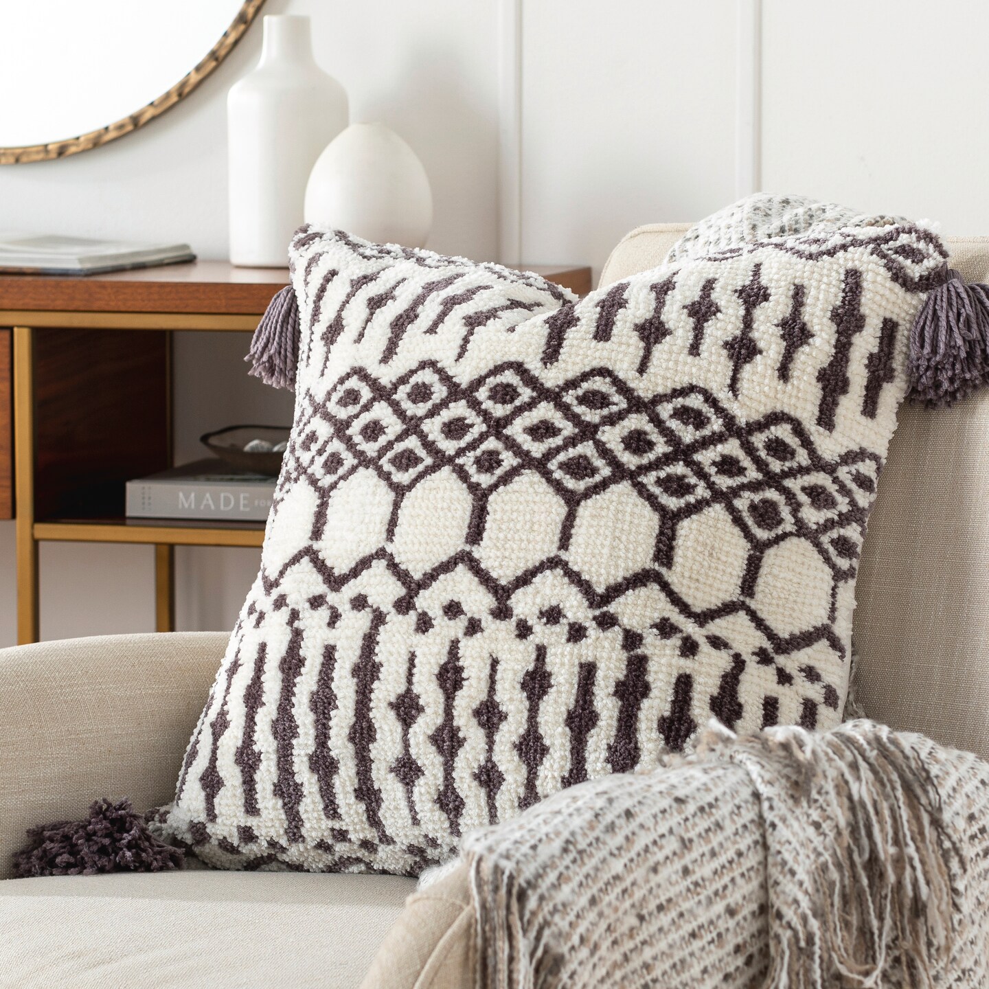 Tiwari Home 20" Cream and Charcoal Gray Geometric Pattern Square Throw Pillow Cover