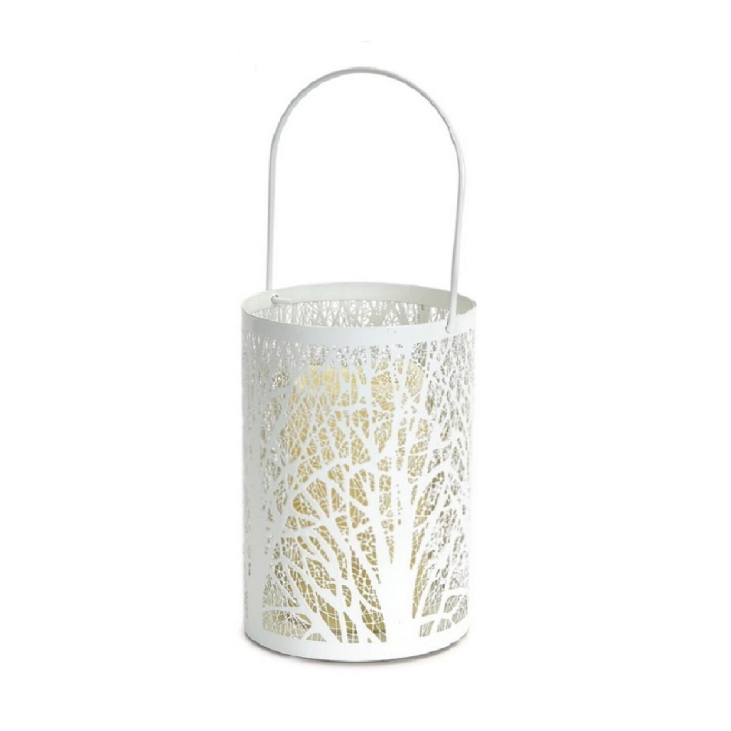 Melrose 8" White Tree Pattern Battery Operated LED Candle Lantern with Timer