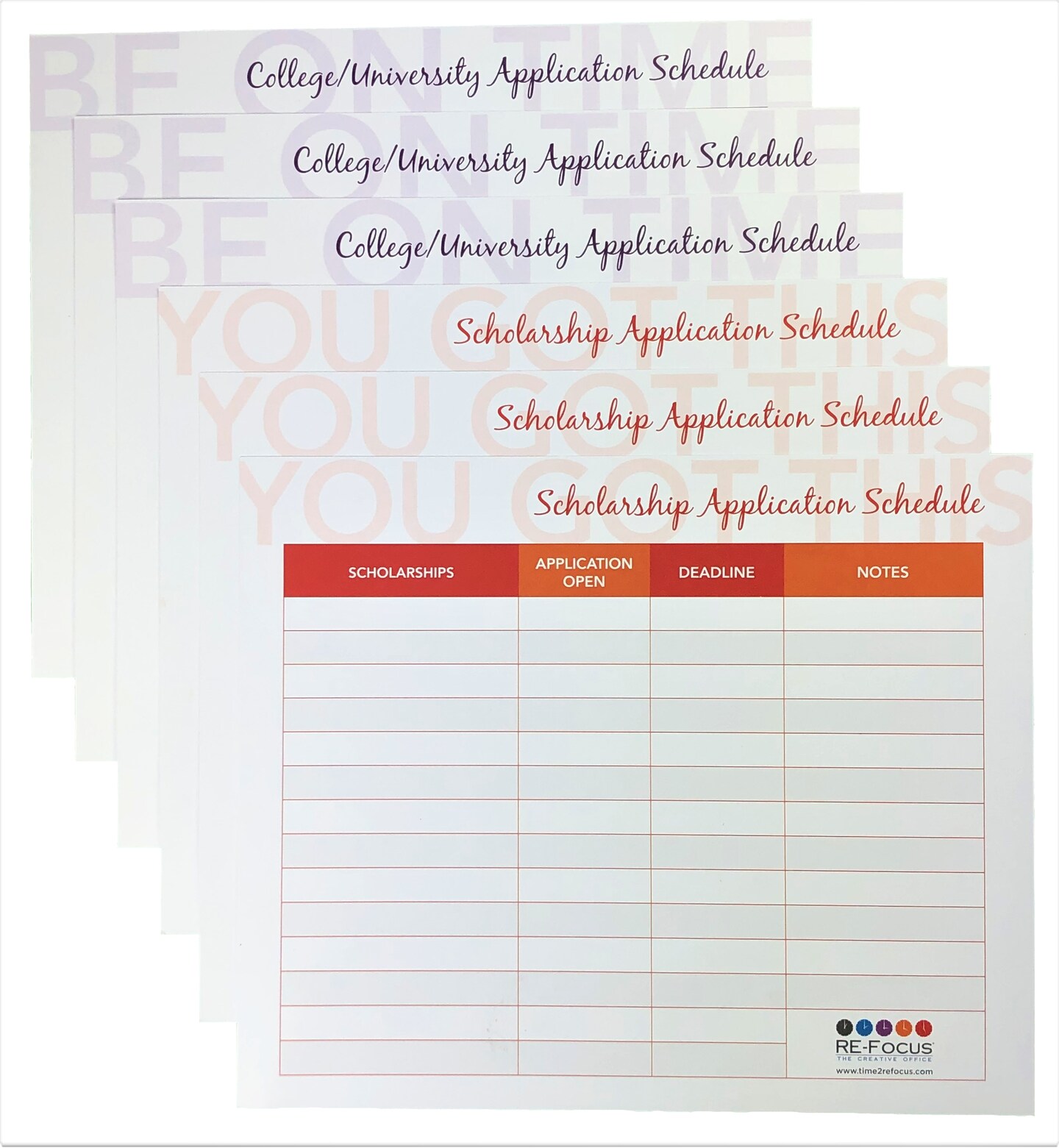 RE-FOCUS THE CREATIVE OFFICE College/University &#x26; Scholarship Application Tracker Sheet