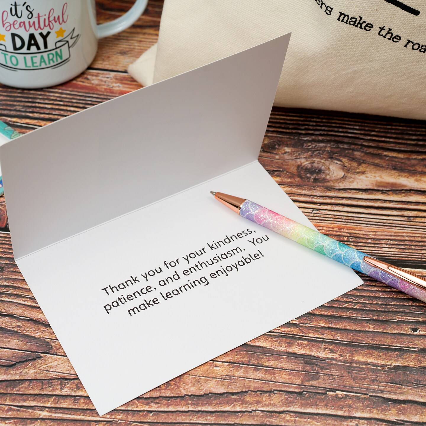 Mabie Swan - Best Teacher Gift Box, Six Elegant Pieces - 12oz Natural Canvas Cotton Tote, 12oz Enamel Mug, PU Leather Notebook, Ballpoint Pen, ID Card Holder, with "Thank You" Card Teacher Gift Set