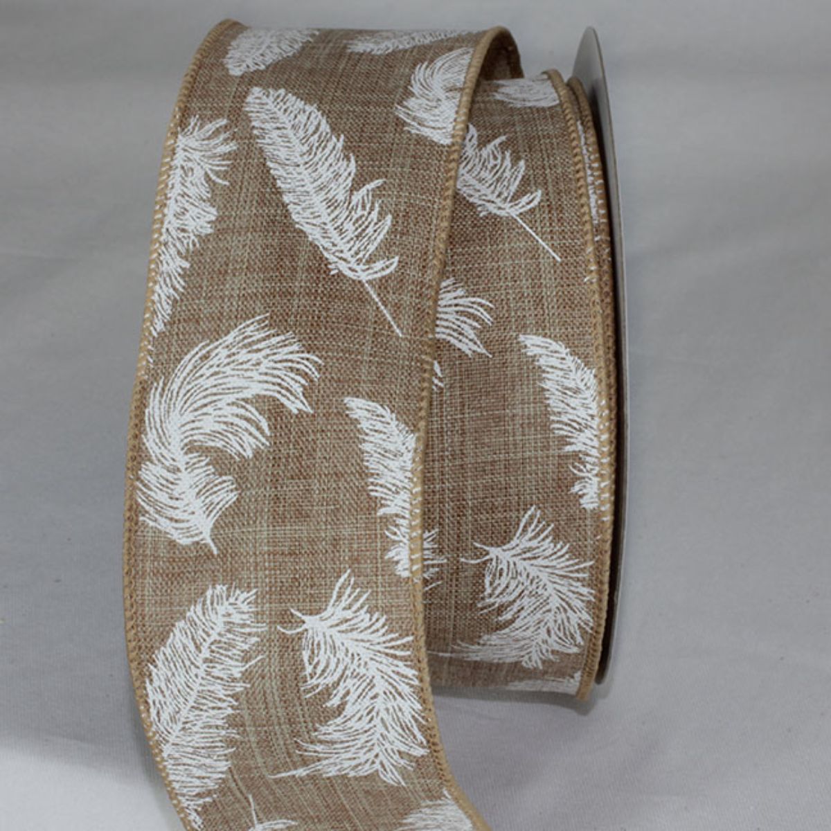 The Ribbon People Brown and White Feathers Ribbed Wired Craft Ribbon 2.5&#x22; x 20 Yards