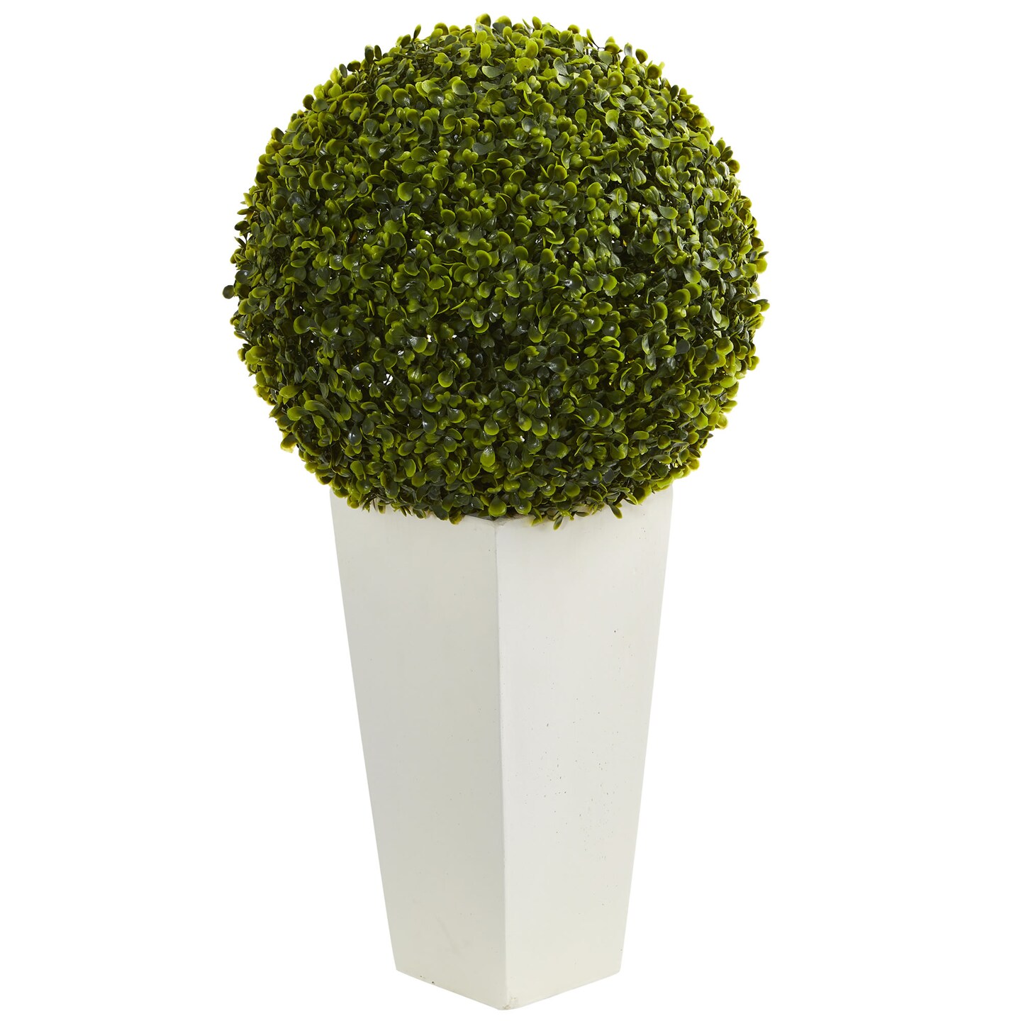 Nearly Natural 28&#x22; Artificial Boxwood Topiary Ball Outdoor Plant with White Tower Planter