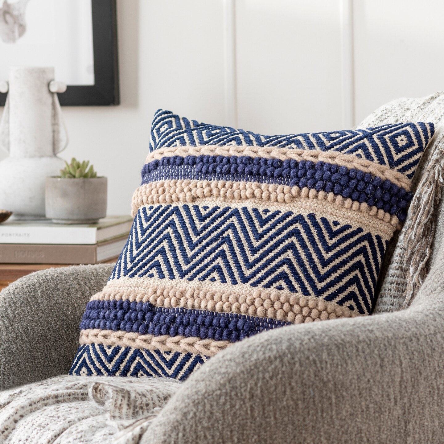 Tiwari Home 22" Brown and Blue Chevron Square Throw Pillow Cover