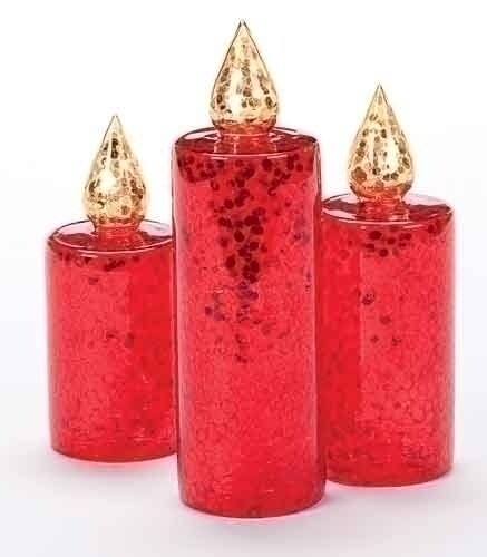 Roman Set of 3 Red and Gold Glitter Sequined Christmas Pillar Candle Figures 10&#x22;