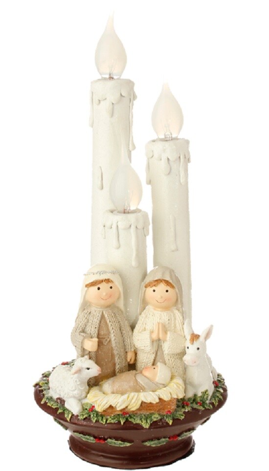 Raz 14.5&#x22; Pre-Lit White Holy Family Christmas Nativity with Candles Tabletop Decor