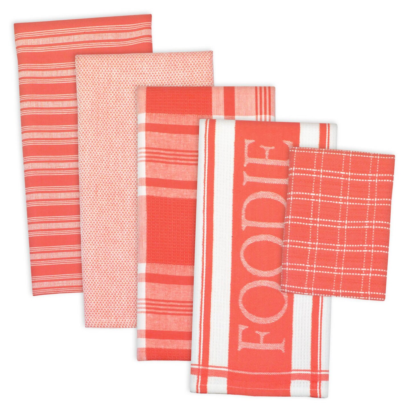 Contemporary Home Living Foodie Cotton Dish Towels and Dishcloth - 28&#x22; - Peach and White - Set of 5
