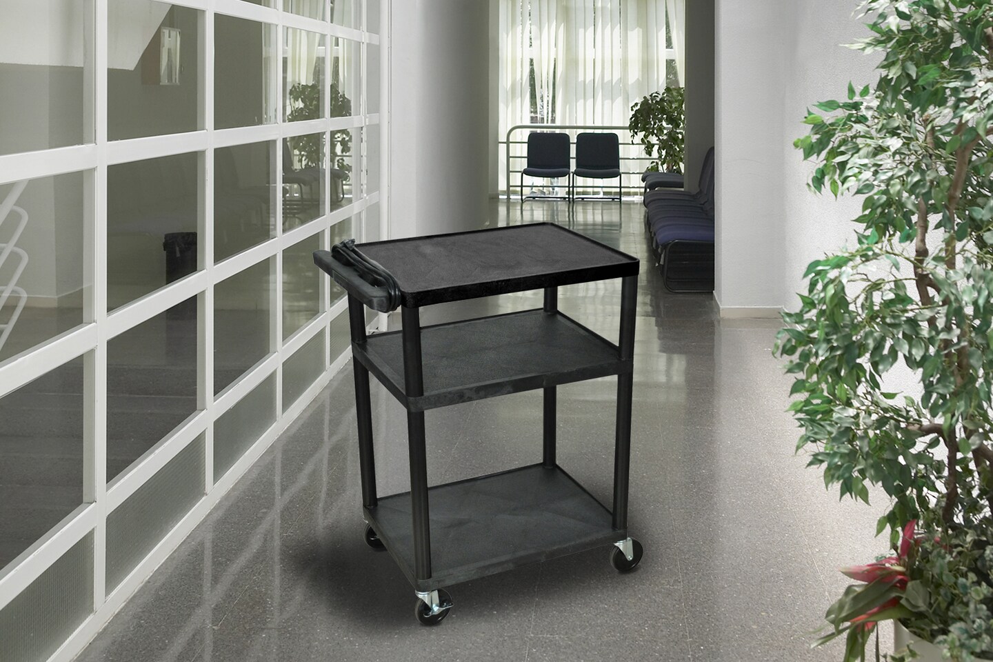Luxor Office Multipurpose Endura 3 Shelf Black Presentation Utility Cart