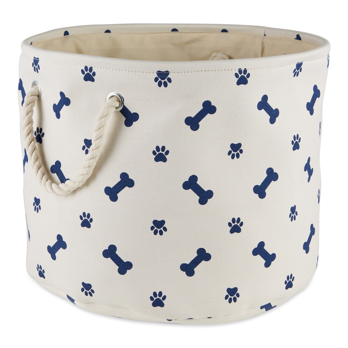 Contemporary Home Living 15" White and Blue Decorative Round Medium Lattice Paw and Bone Pet Storage Bin
