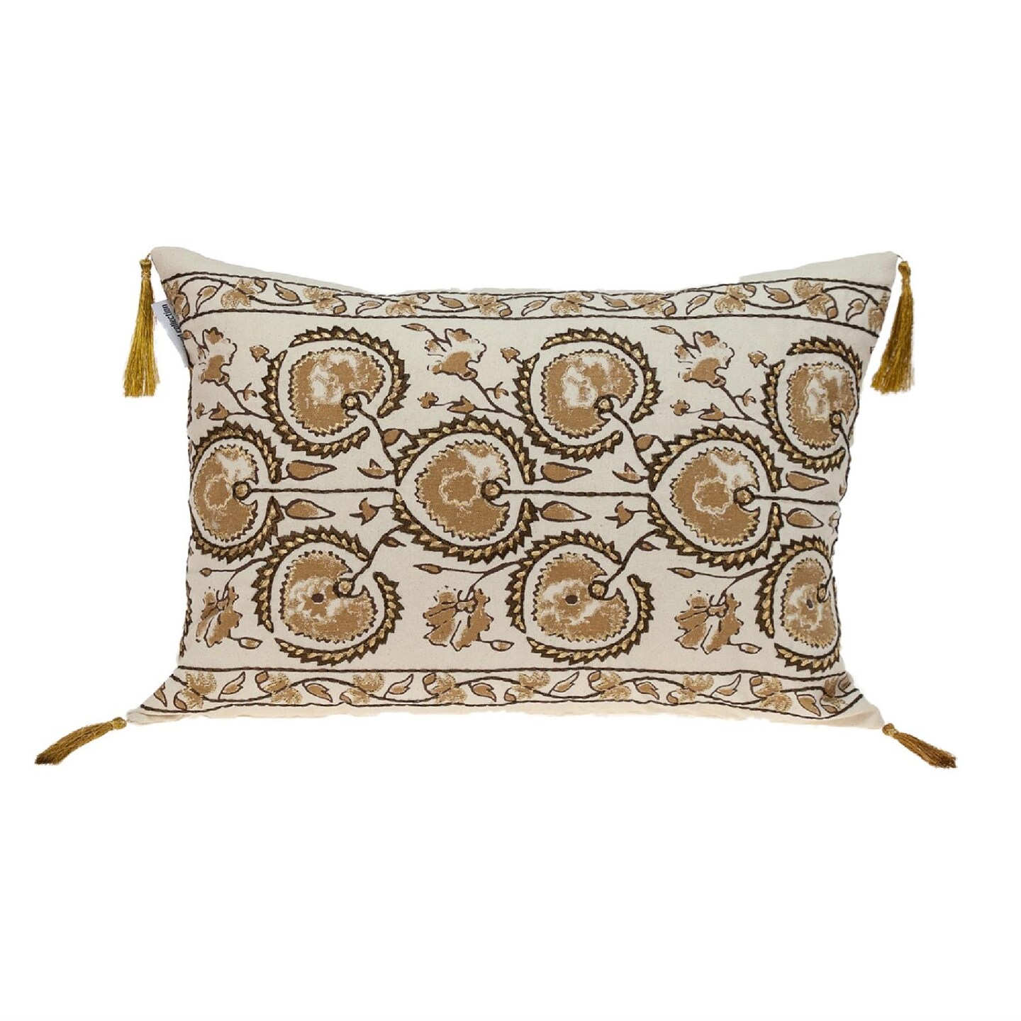 Nassau Collection 20" Beige and Gold Embroidered Decorative Lumbar Throw Pillow