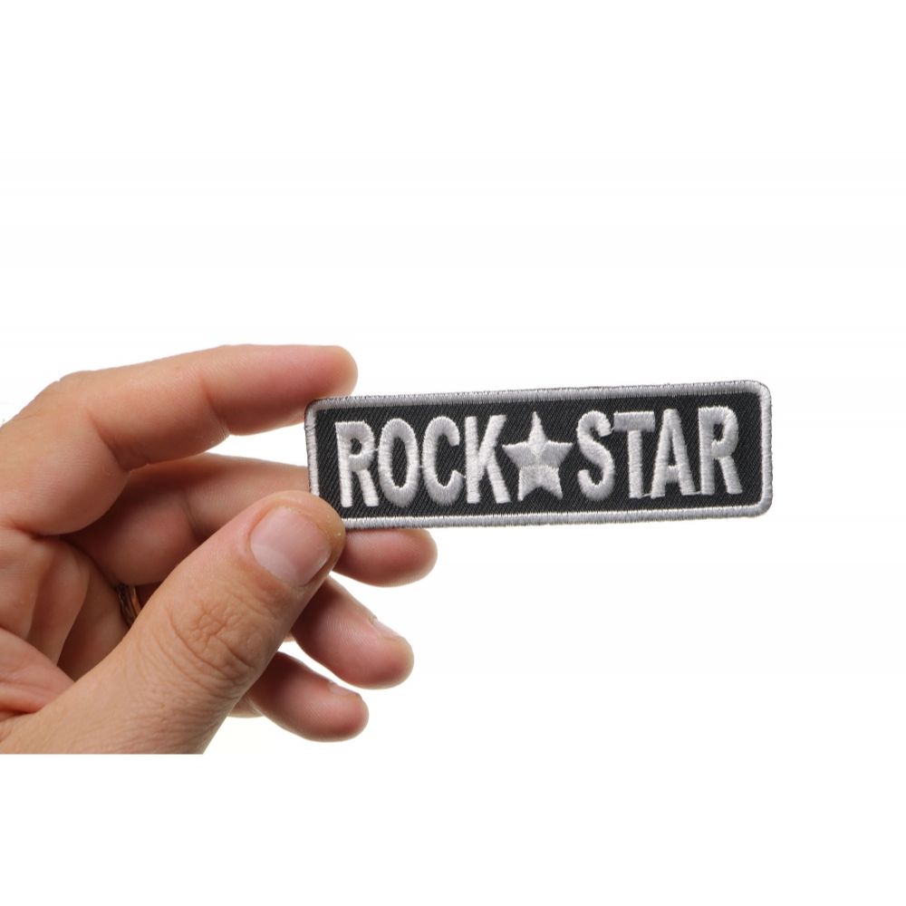 Patch, Embroidered Patch (Iron-On or Sew-On), Rock Star Patch White on Black, 3.5&#x22; x 1&#x22;