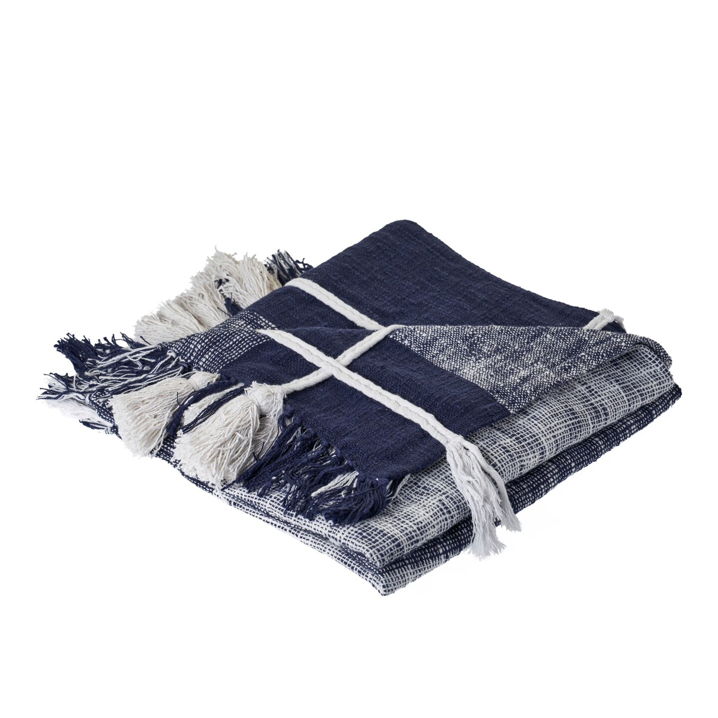 Laddha Home Designs Navy Blue and White Braided Plaid Fringed Throw Blanket 50&#x22; x 60&#x22;