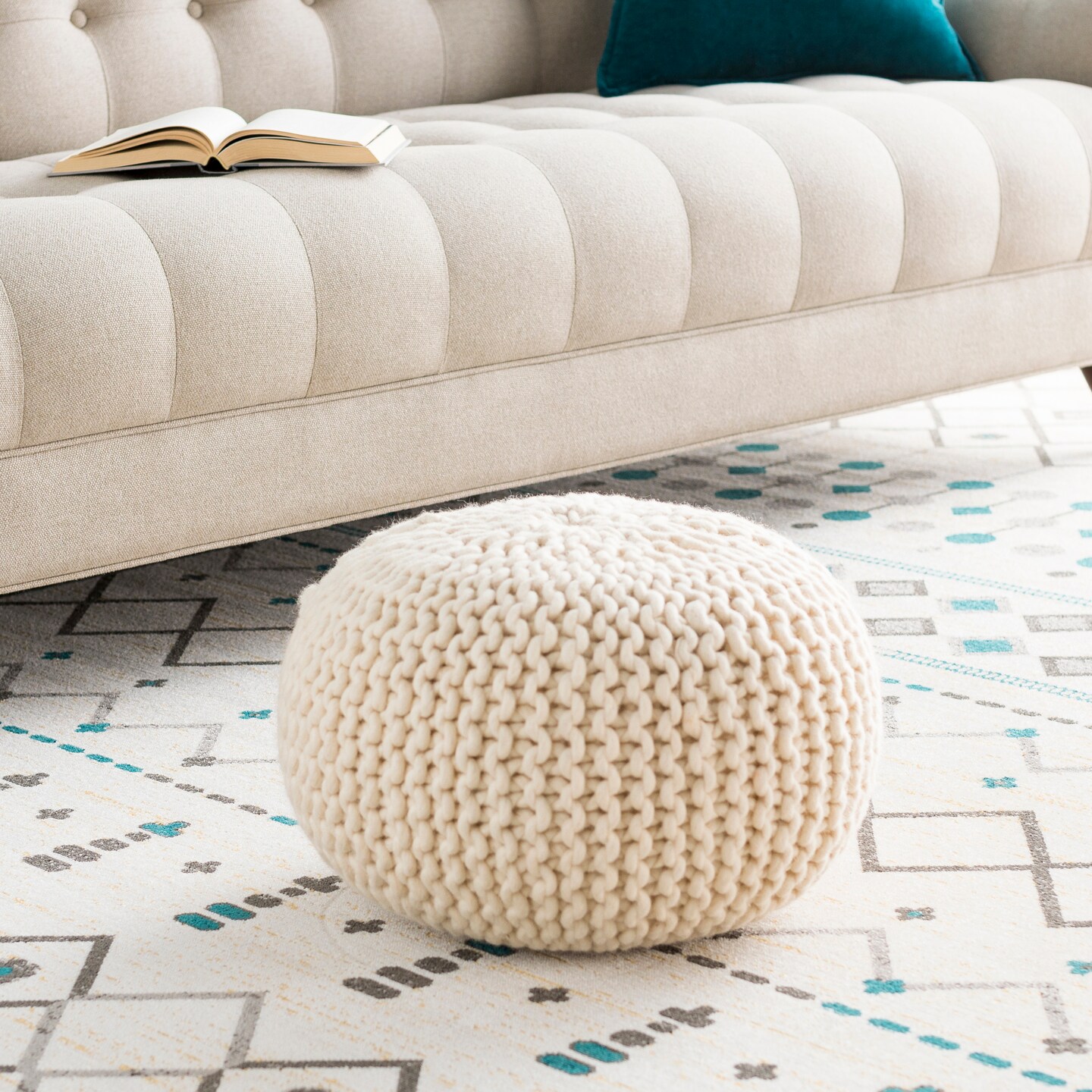 Diva At Home 18" Light Taupe Ball of Yarn Wool Round Pouf Ottoman