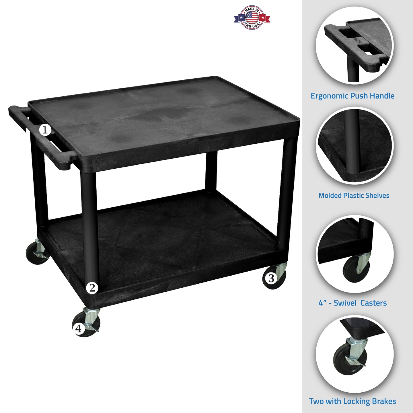 Luxor Office Multipurpose AV Utility Carts with 2 Shelves, Black