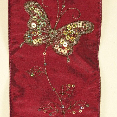 The Ribbon People Burgundy Red Regal Butterfly Print Wired Craft Ribbon 4&#x22; x 10 Yards