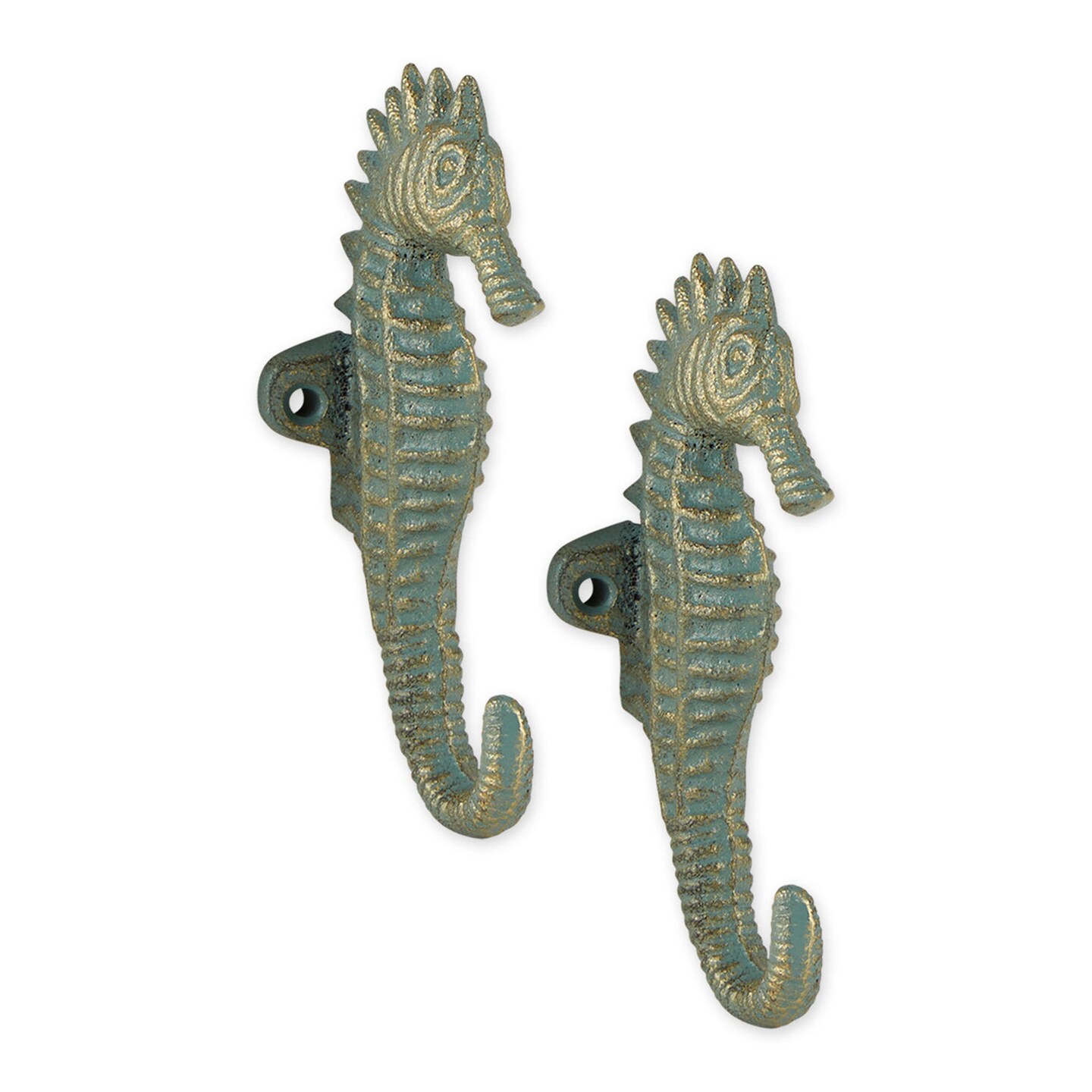 Accent Plus Home Decorative Cast Iron Aquamarine Seahorse Wall Hooks - Set of 2