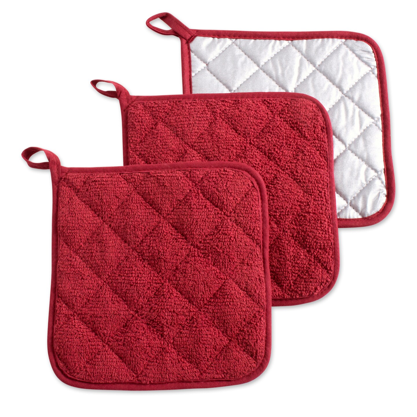 CC Home Furnishings Quilted Terry Cotton Kitchen Potholders - 7" - Red and Silver - Set of 3