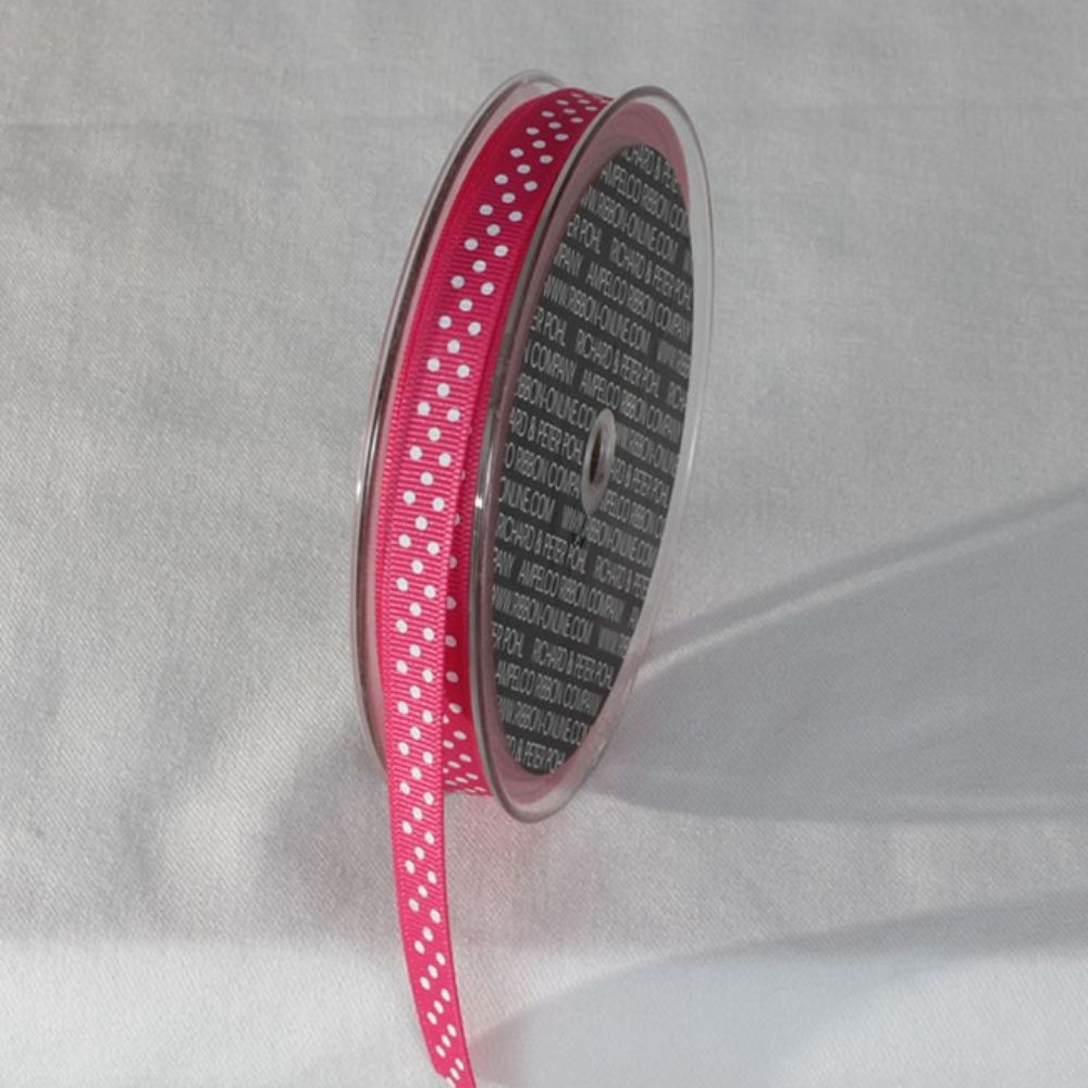 The Ribbon People Pink and White Polka Dots Patterned Grosgrain Ribbon 0.3" x 22 Yards
