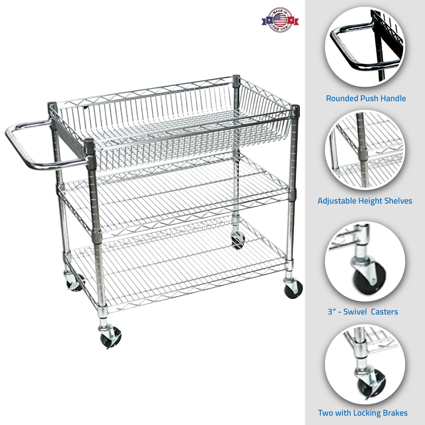 Luxor Office Multipurpose Large Wire Tub Cart with Three Shelves
