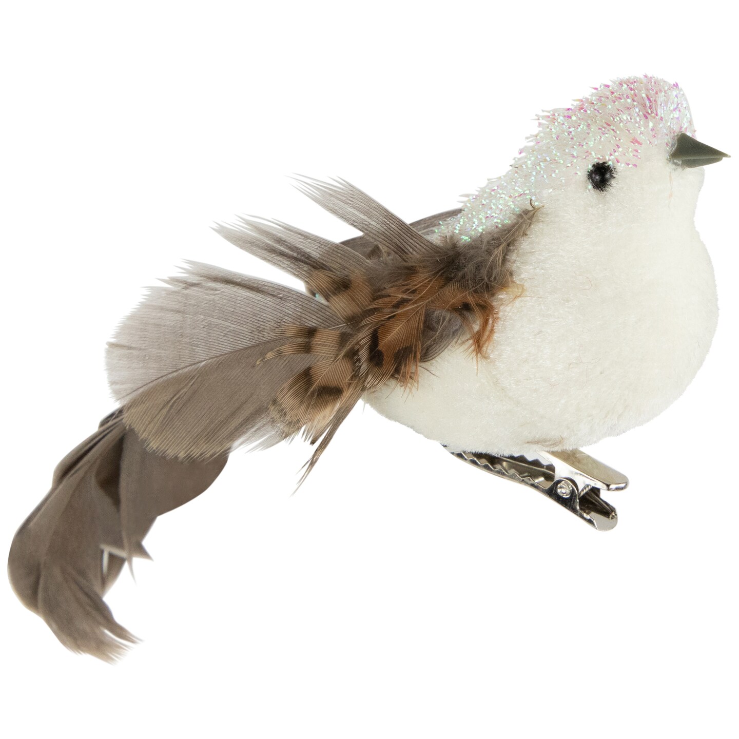 Northlight 6&#x22; White and Brown Bird with Clip and Feathers Christmas Ornament