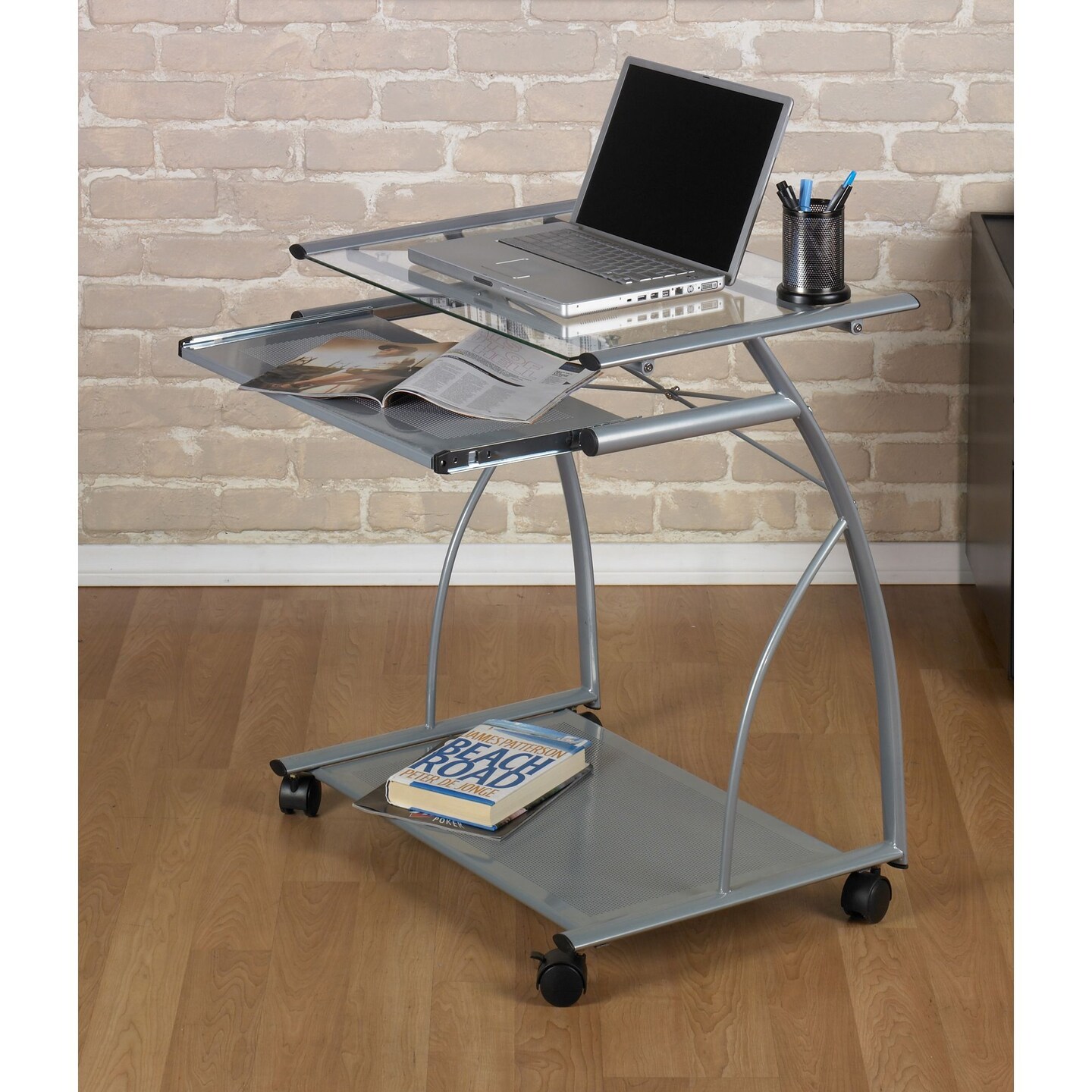 L Cart Compact Computer Cart with Storage and Keyboard Shelf - Silver / Clear Glass
