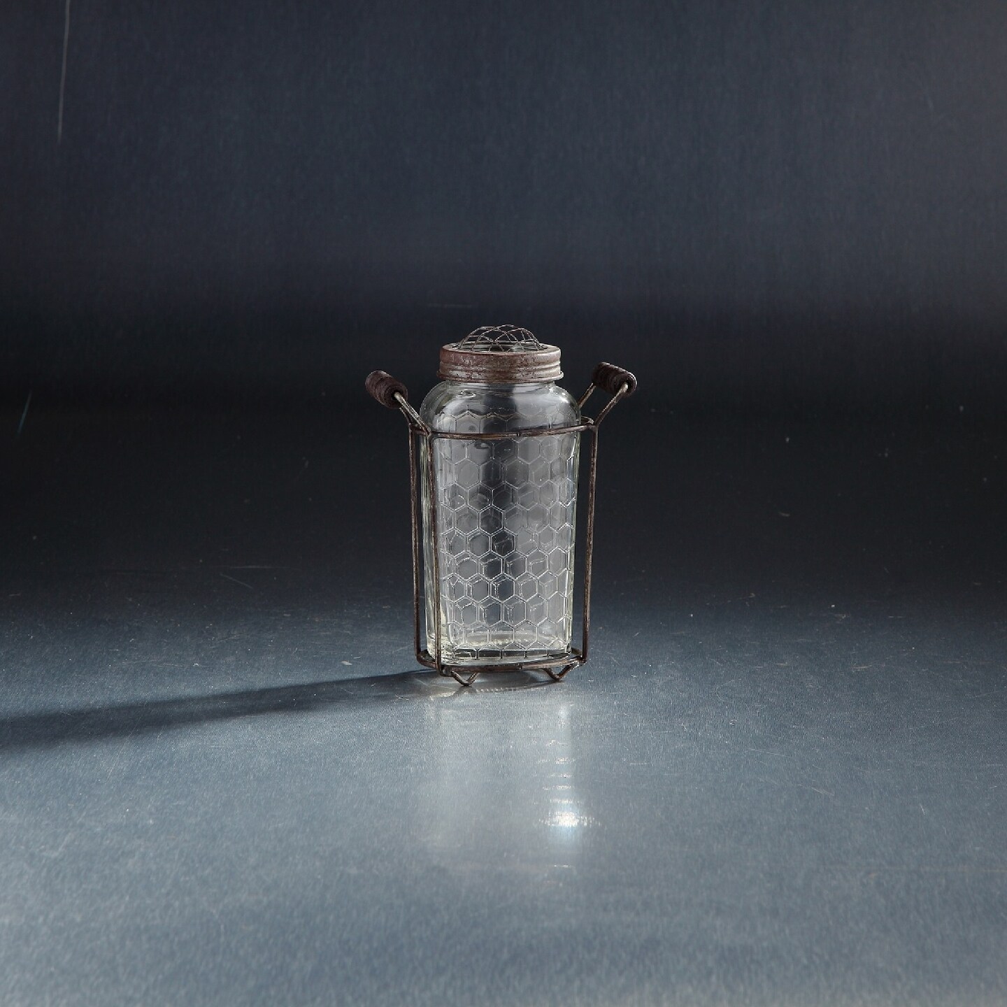 CC Home Furnishings 7" Clear Honeycomb Pattern Handblown Glass Jar with Rustic Finish Holder