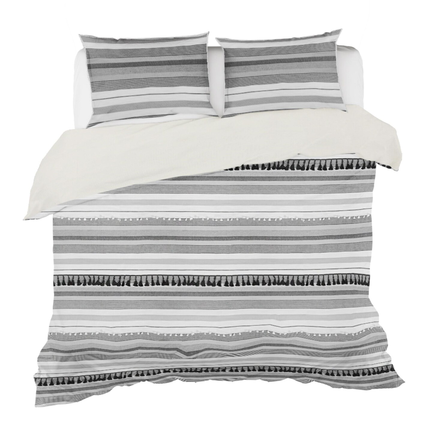Contemporary Home Living 88&#x22; Gray and White Boho Striped Duvet Cover Set - Queen Size