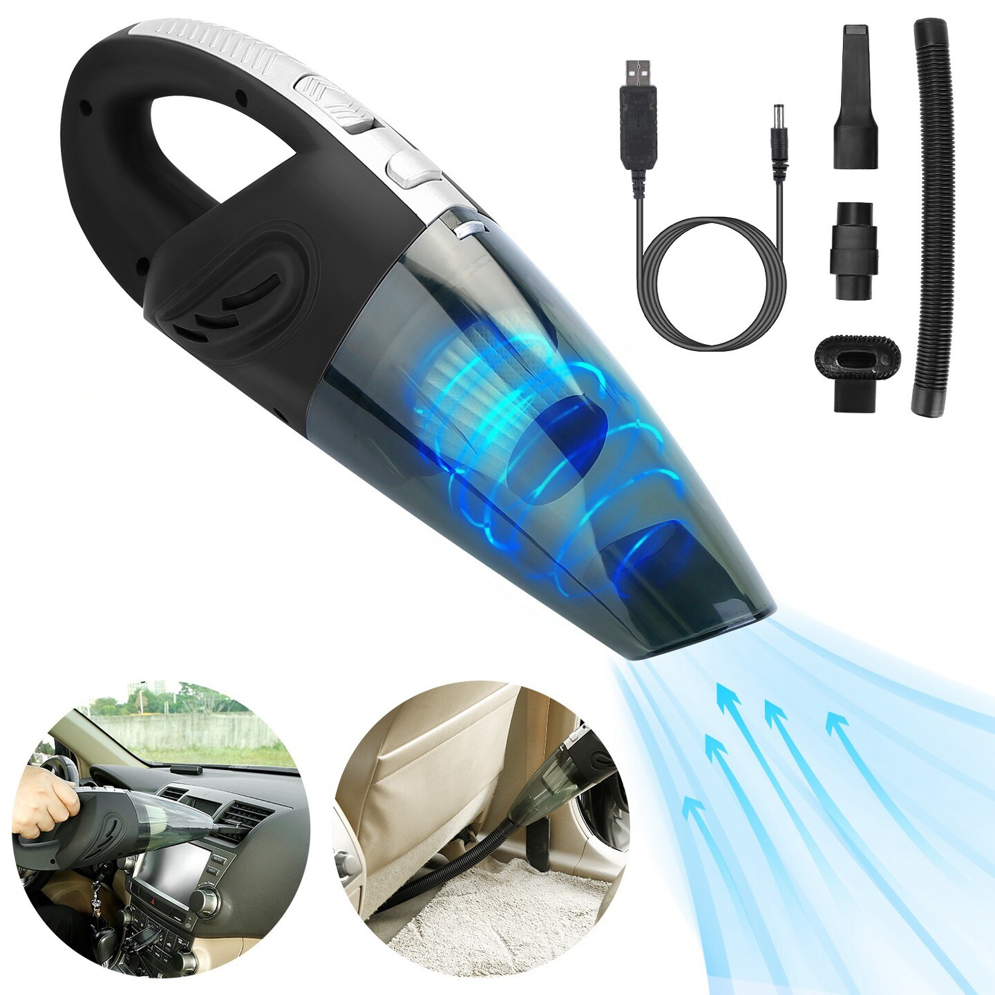 Car Vacuum Cleaner - Cordless Handheld with 4800PA Suction- Wet and Dry Use with 3 Accessories and Filter
