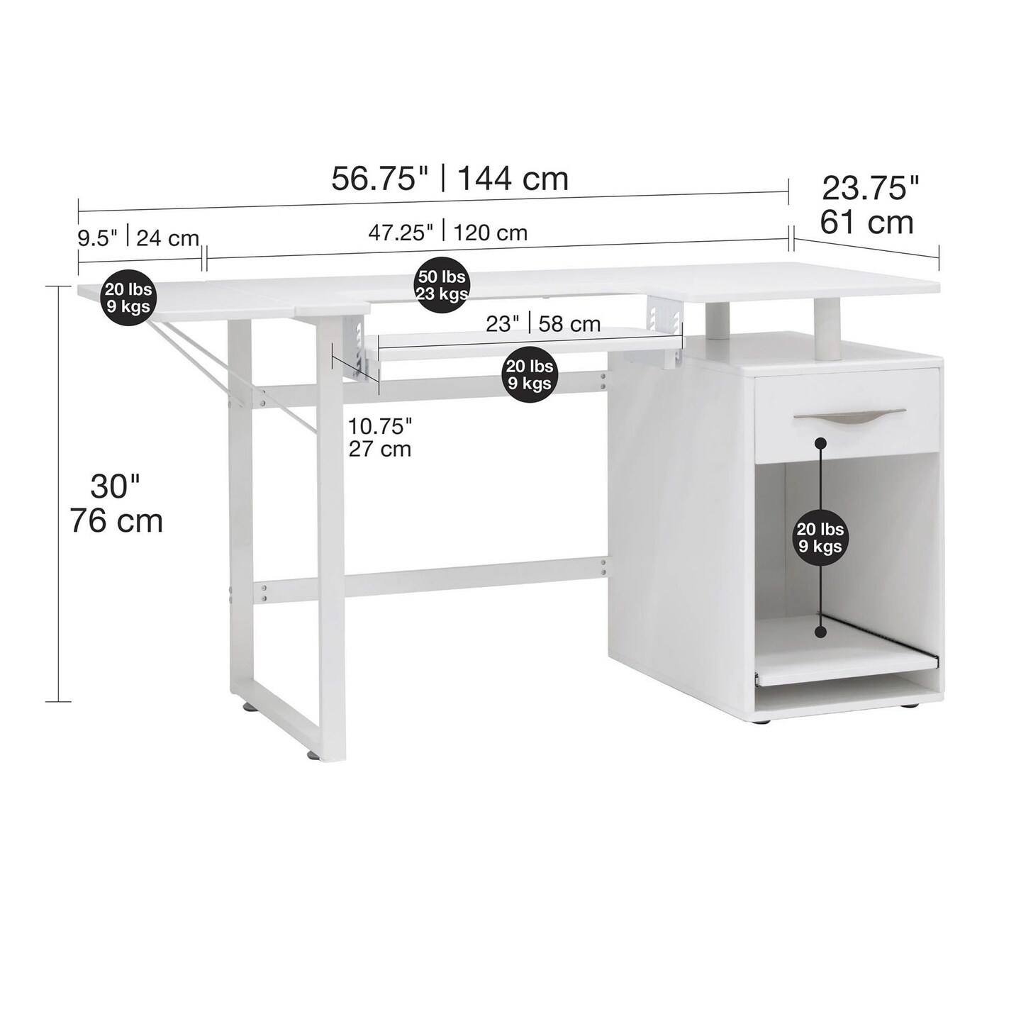 Pro Line Sewing Machine Table, Office Desk with Fold-Down Top, Height Adjustable Platform, Drawer and Storage Cabinet with Slide-Out Shelf - White