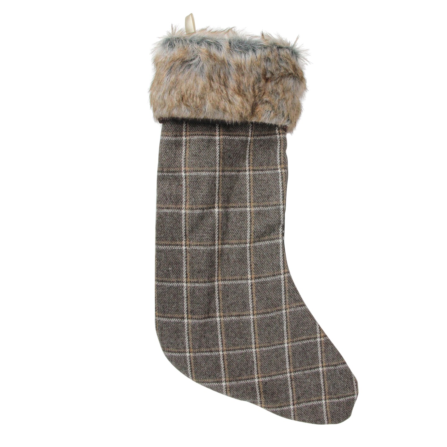 Northlight 17.5&#x22; Gray and Brown Plaid Christmas Stocking with Cuff