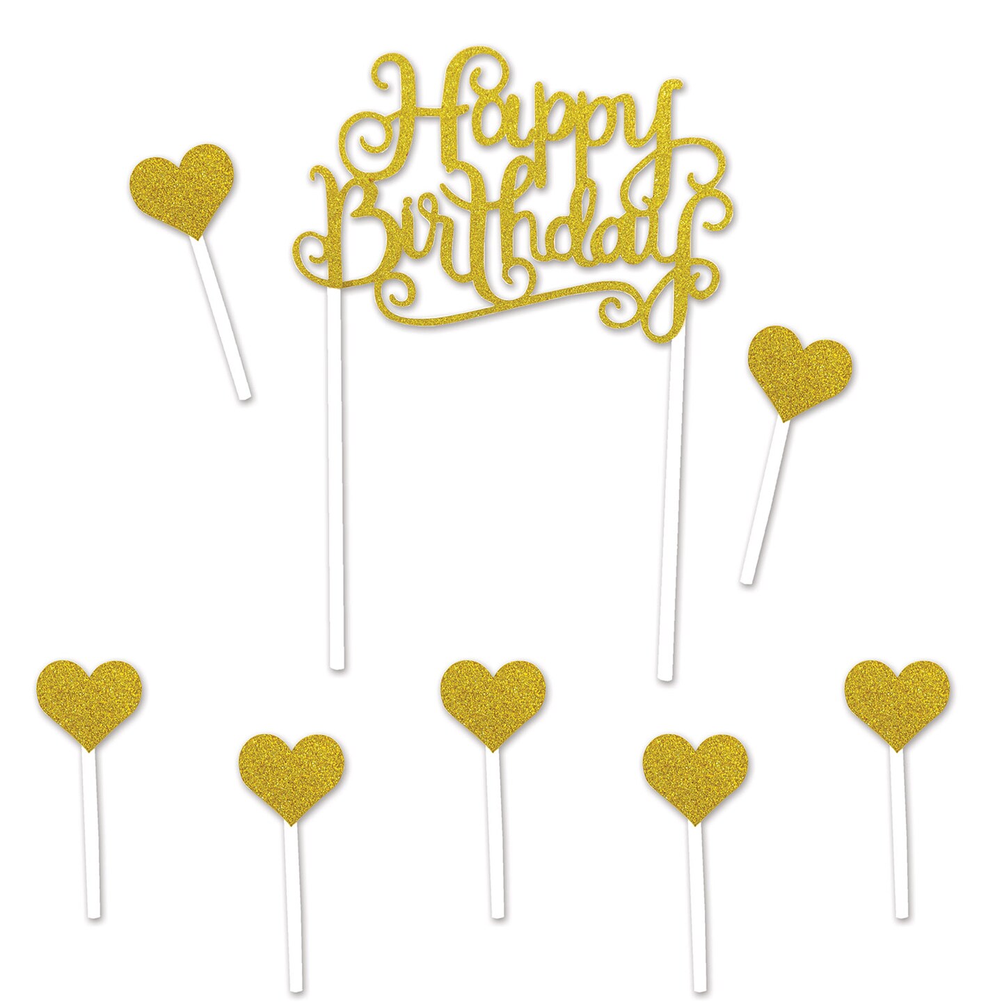 Party Central Club Pack of 12 Gold Elegant Glittered Happy Birthday Cake Topper Decors 8.25"