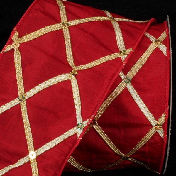 The Ribbon People Red and Gold Diamond Print Wired Craft Ribbon 3" x 10 Yards