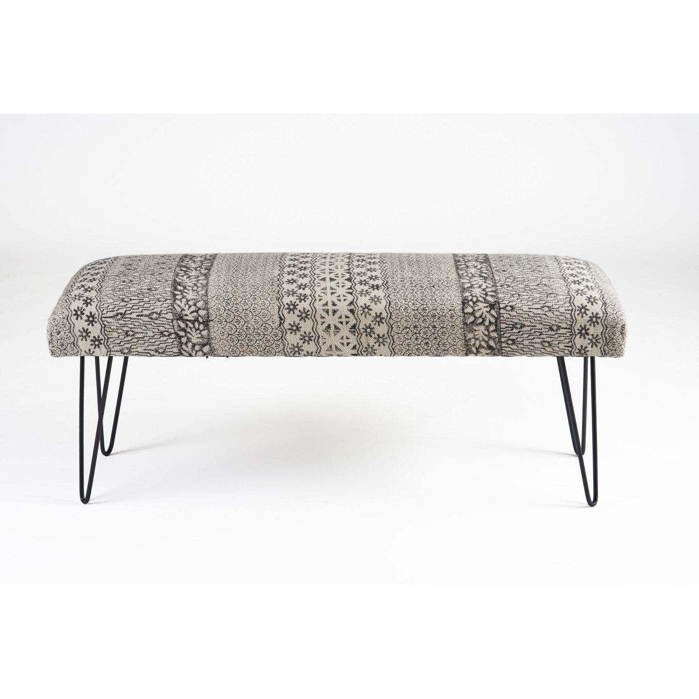 Laddha Home Designs 47&#x22; Gray and White Floral Pattern Rectangular Bench