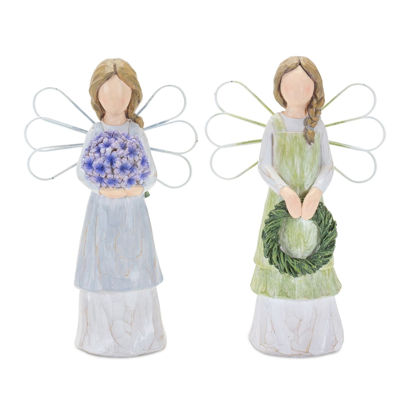 Melrose Set of 2 Angel with Flower and Wreath Christmas Tabletop Figurines 7"