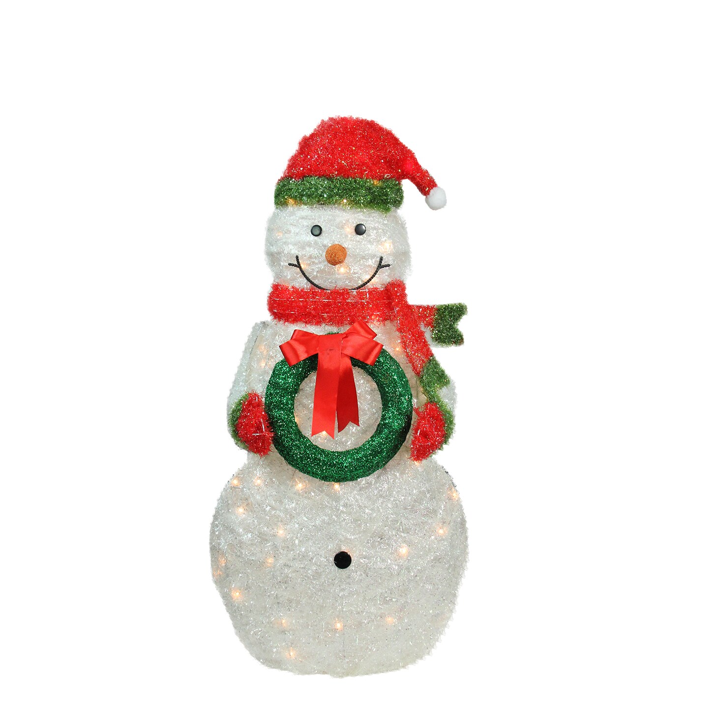 Northlight 38&#x22; Lighted White and Red Tinsel Snowman with Wreath Outdoor Christmas Decoration