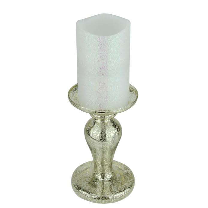 Roman 7&#x22; Battery Operated Iridescent White Flameless Pillar Candle with Silver Stand