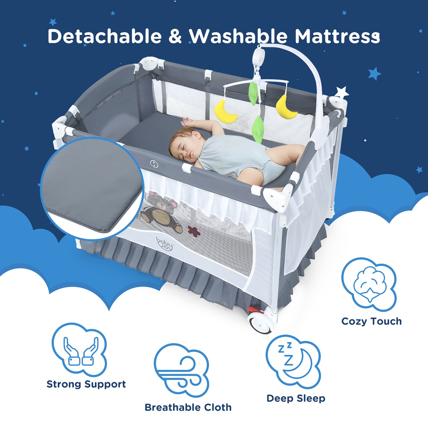 Costway Baby Playard Crib Bed 4 in 1 Portable with Changing Table Canopy Music Box Grey