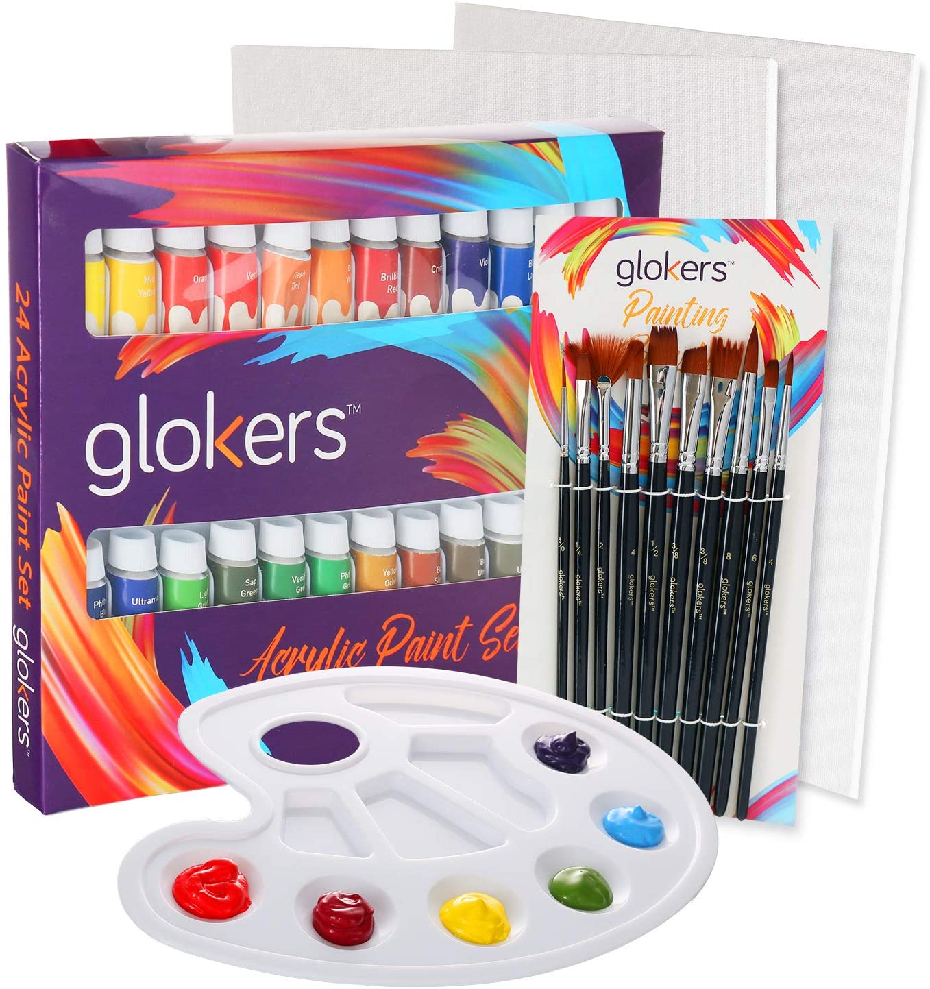 Premium Acrylic Paint Set - 24 Acrylic Paint Color Tubes, 10 Professional Paintbrushes, 2 Blank Canvas Panels, Plastic Palette, by Glokers