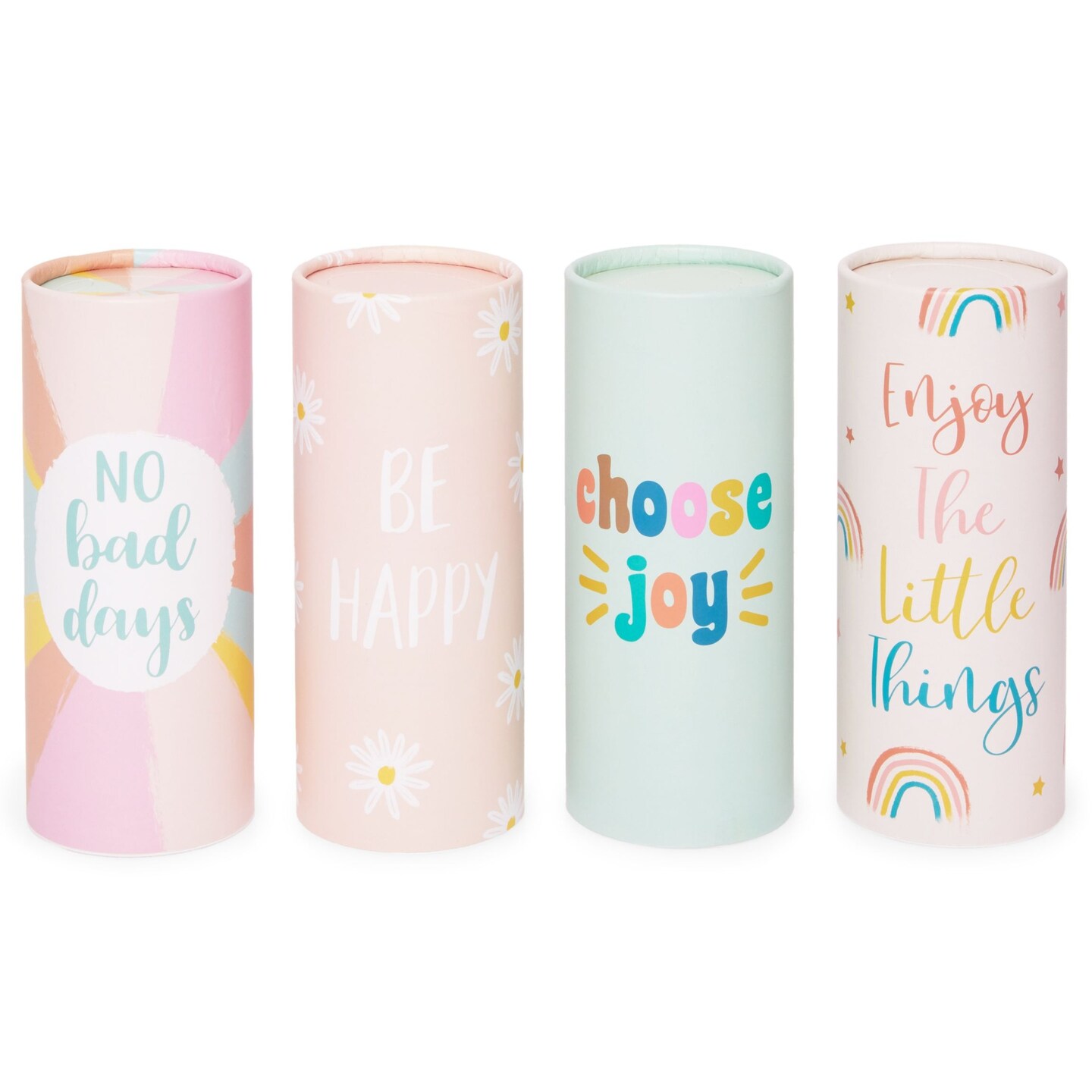 8 Pack Round Tissue Boxes for Car Cup Holder - Travel Size Refill Cylinder, 4 Motivational Quote Designs (50 Tissues Per Container)