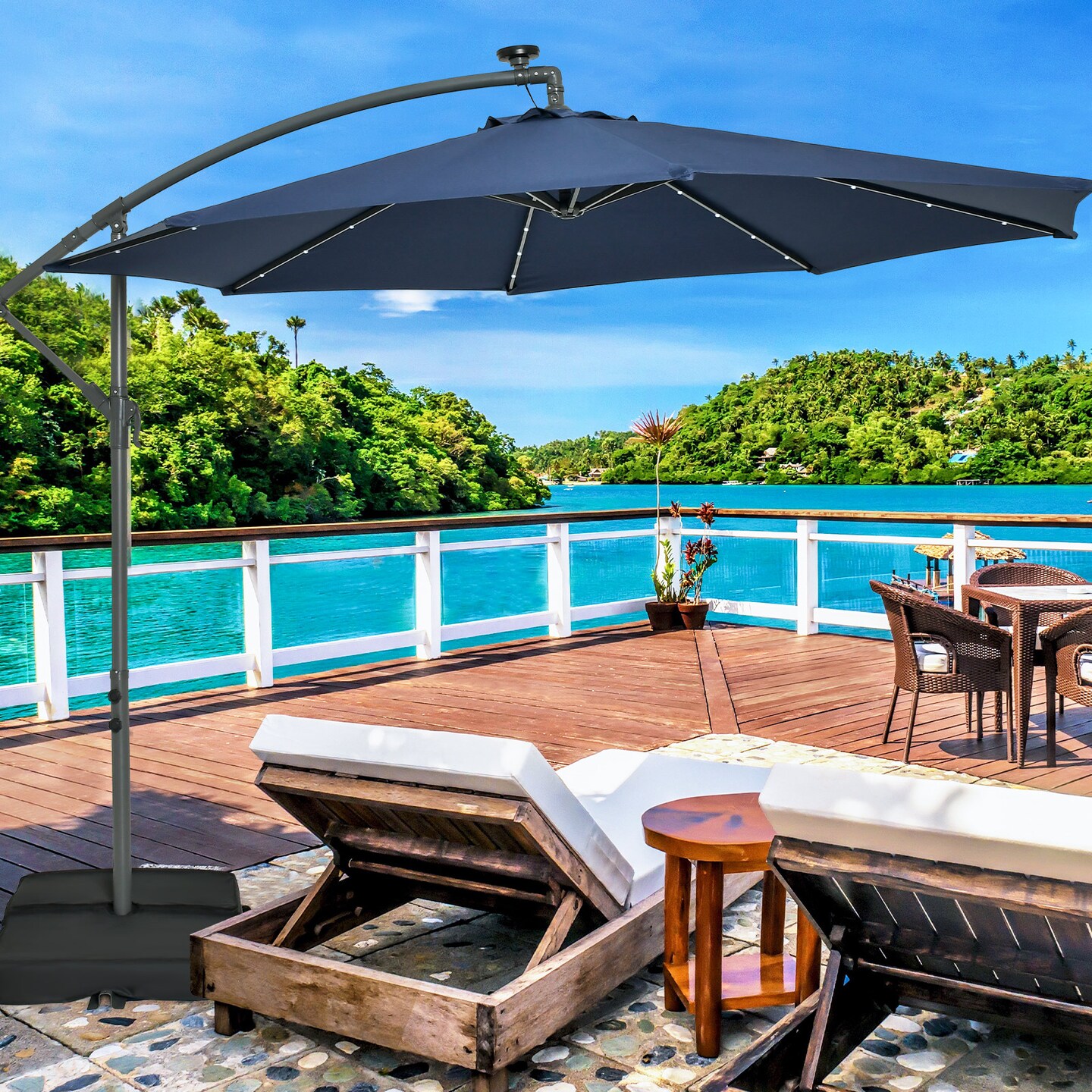 10 Feet Cantilever Umbrella with 32 LED Lights and Solar Panel Batteries