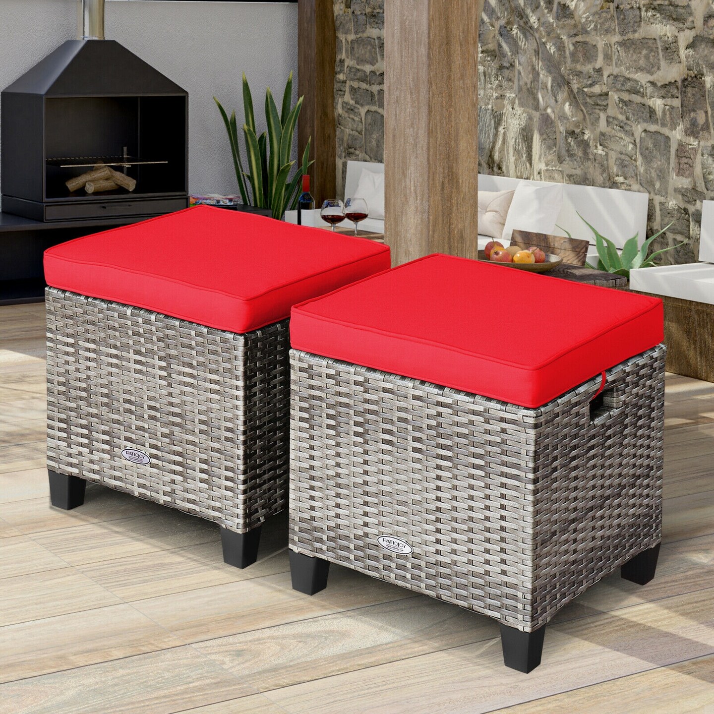2 Pieces Patio Rattan Wicker Ottoman Seat with Removable Cushions