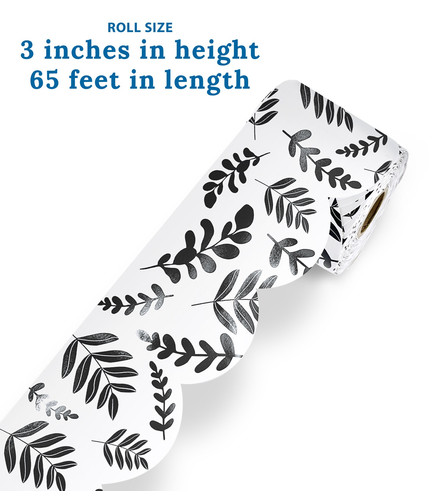 Carson Dellosa Farmhouse 65Ft of Black and White Bulletin Board Borders, 1 Roll of Scalloped Trim With Eucalyptus Leaves for Rolling Whiteboard, Cork and Posterboard, and Classroom Decor