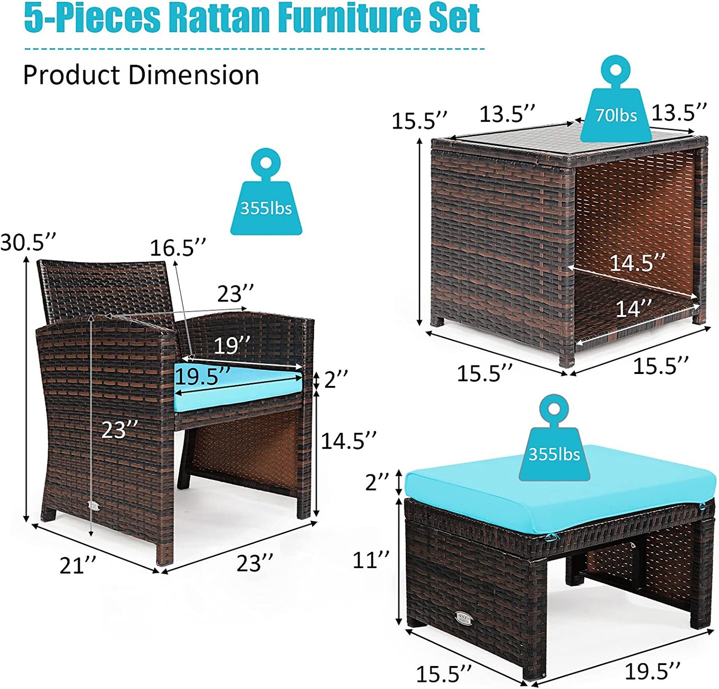 5 Pieces Patio Rattan Furniture Set with Ottoman and Tempered Glass Coffee Table
