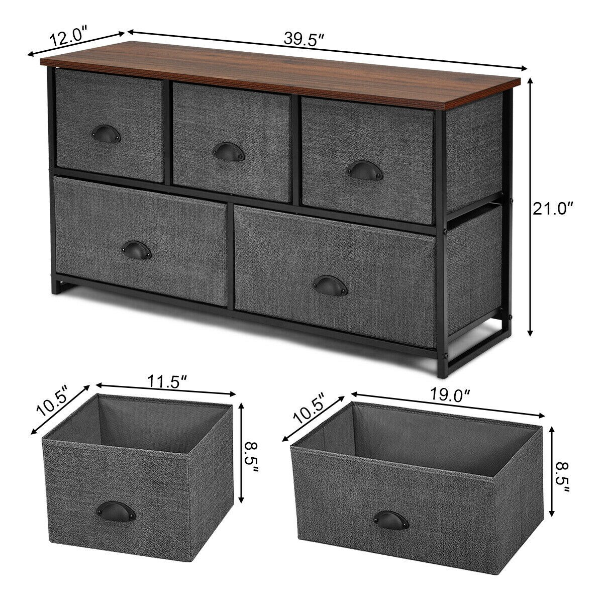 Black Steel 5-Drawer Storage Cabinet Fabric Bins MDF Top Nightstand Bedroom Organizer