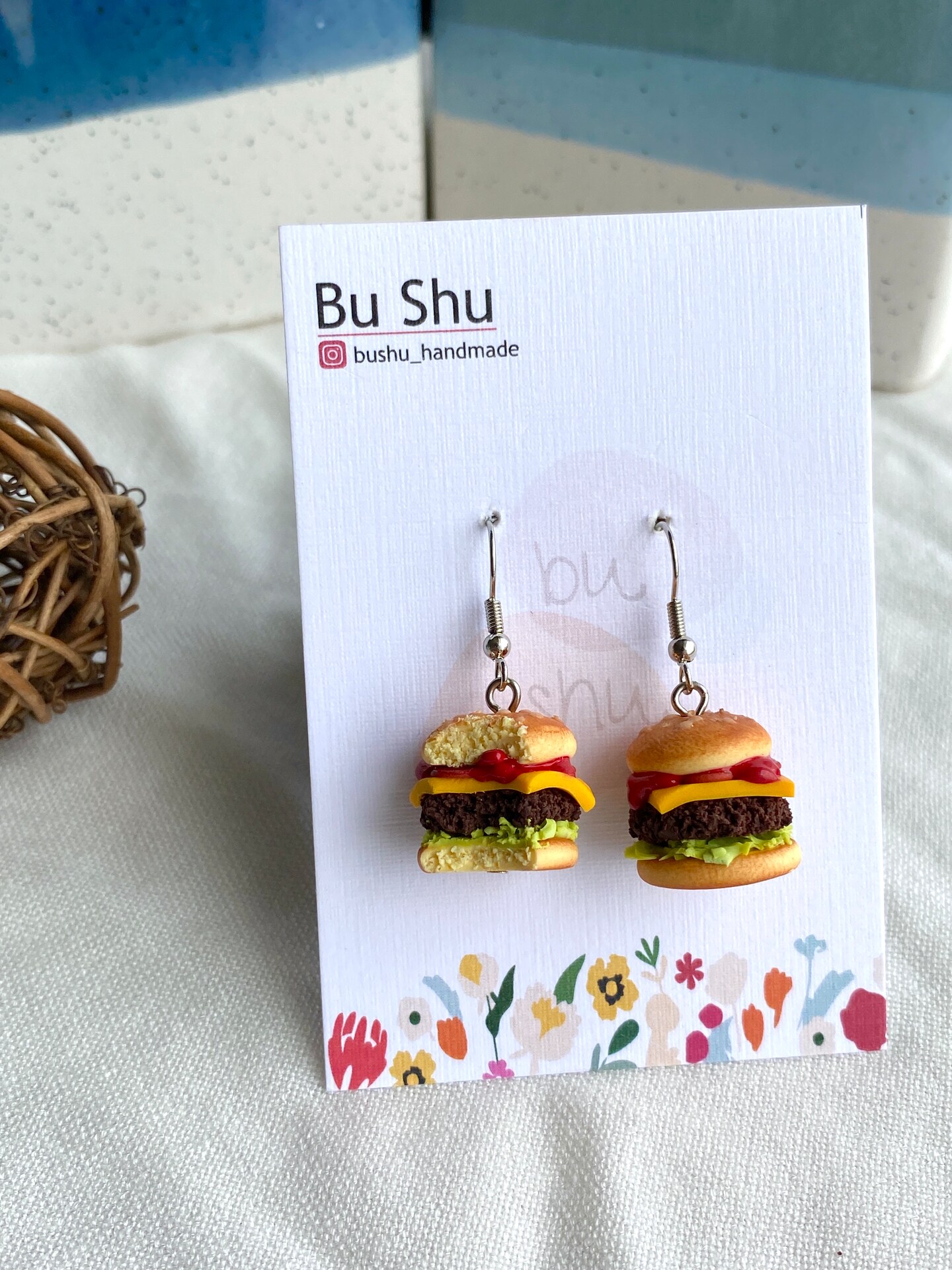 Minimalist Hamburger Earrings, Fun Cute Polymer Clay Food Cheeseburger Earrings Dangle, Handmade Summer Jewelry Unique Design Gifts product 6