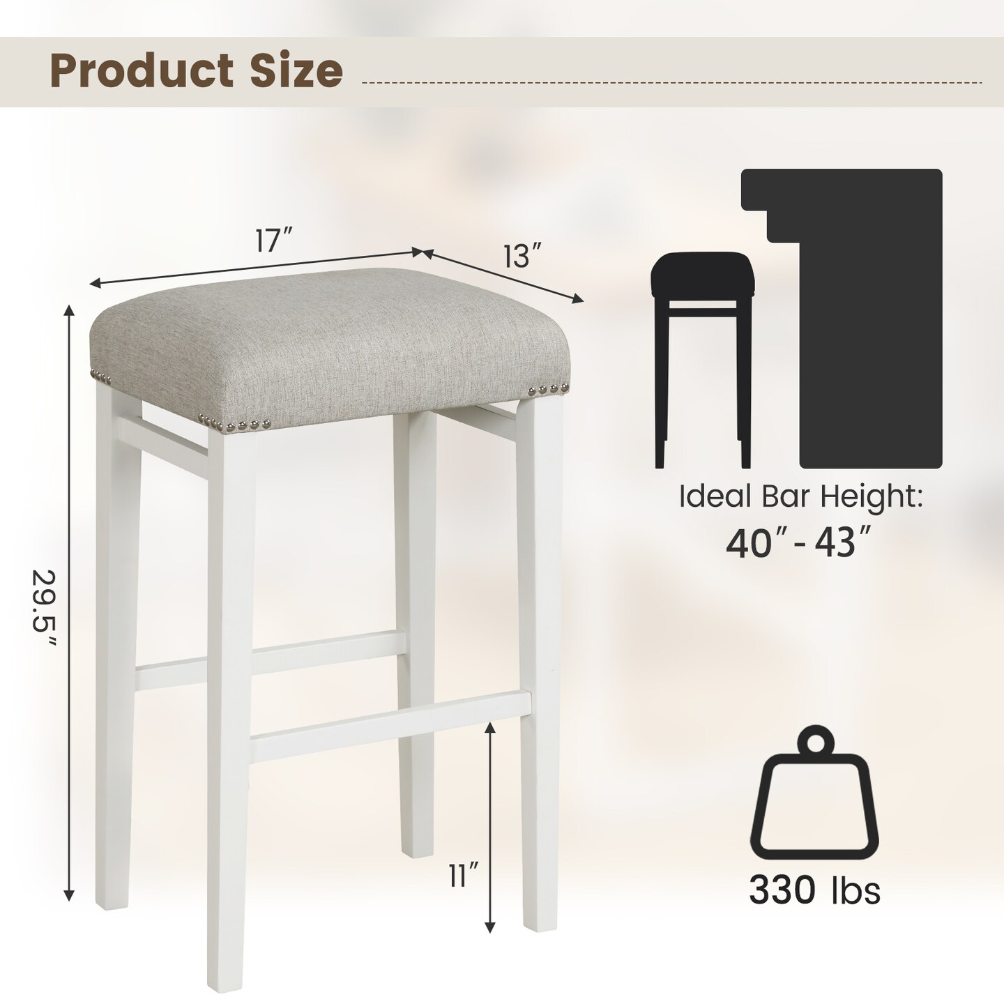 Costway 24&#x22;  Height Set of 2 Bar Stools Backless Counter Height Kitchen Chairs with Wooden Legs Gray