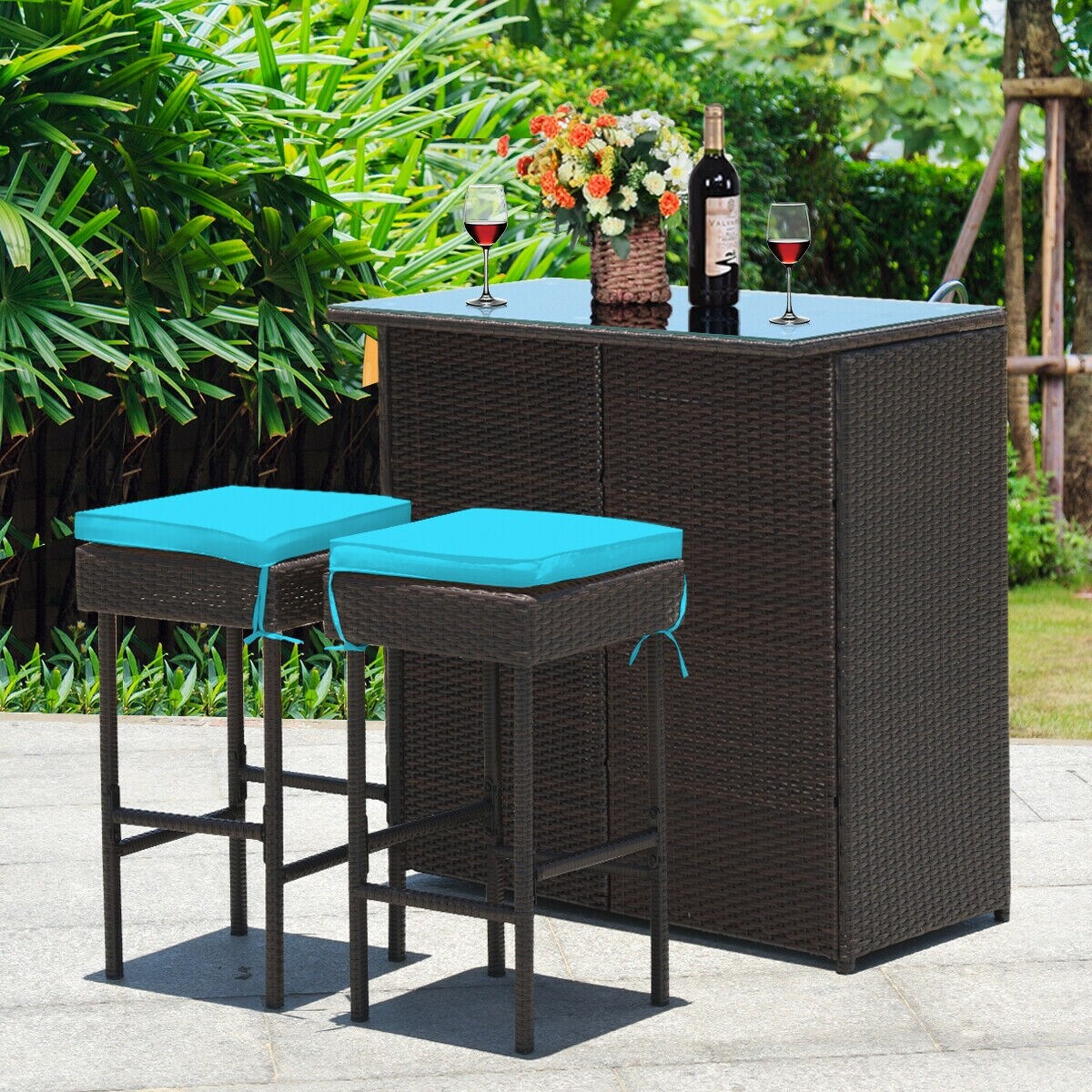 3-piece Rattan Wicker Bar Table Stools Dining Set Cushioned Chairs