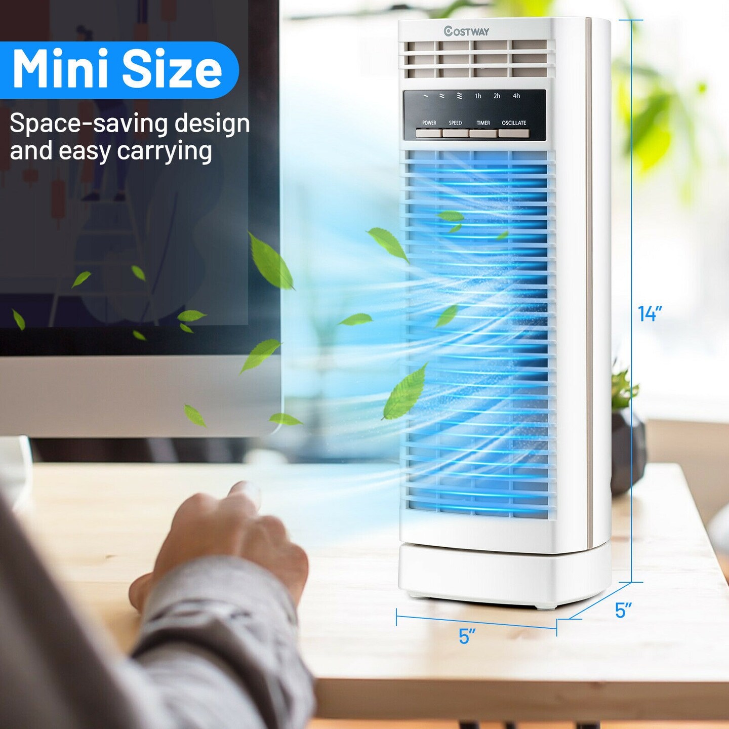 Mini Oscillating Tower Fan Electric Desk Fan with 3 Speed and Timer