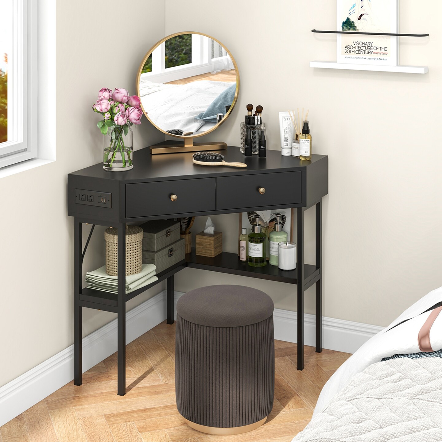 Costway Corner Computer Desk Writing Workstation Study Desk w/ 2 Drawers White\Black\Gold